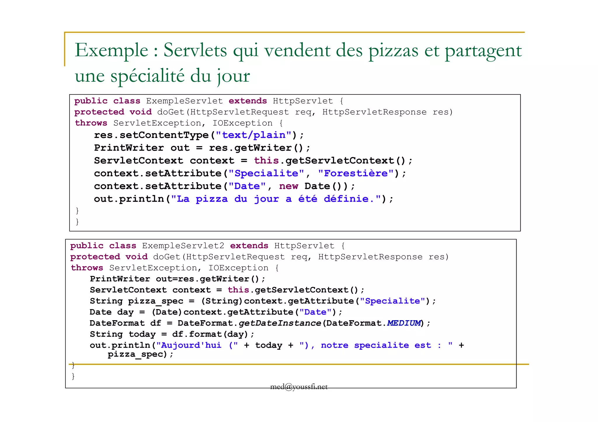 Exemple : Servlets qui vendent des pizzas et partagent
une spécialité du jour
public class ExempleServlet extends HttpServlet {
protected void doGet(HttpServletRequest req, HttpServletResponse res)
throws ServletException, IOException {
res.setContentType("text/plain");
PrintWriter out = res.getWriter();
ServletContext context = this.getServletContext();
context.setAttribute("Specialite", "Forestière");
context.setAttribute("Date", new Date());
out.println("La pizza du jour a été définie.");
}
med@youssfi.net
}
}
public class ExempleServlet2 extends HttpServlet {
protected void doGet(HttpServletRequest req, HttpServletResponse res)
throws ServletException, IOException {
PrintWriter out=res.getWriter();
ServletContext context = this.getServletContext();
String pizza_spec = (String)context.getAttribute("Specialite");
Date day = (Date)context.getAttribute("Date");
DateFormat df = DateFormat.getDateInstance(DateFormat.MEDIUM);
String today = df.format(day);
out.println("Aujourd'hui (" + today + "), notre specialite est : " +
pizza_spec);
}
}
 