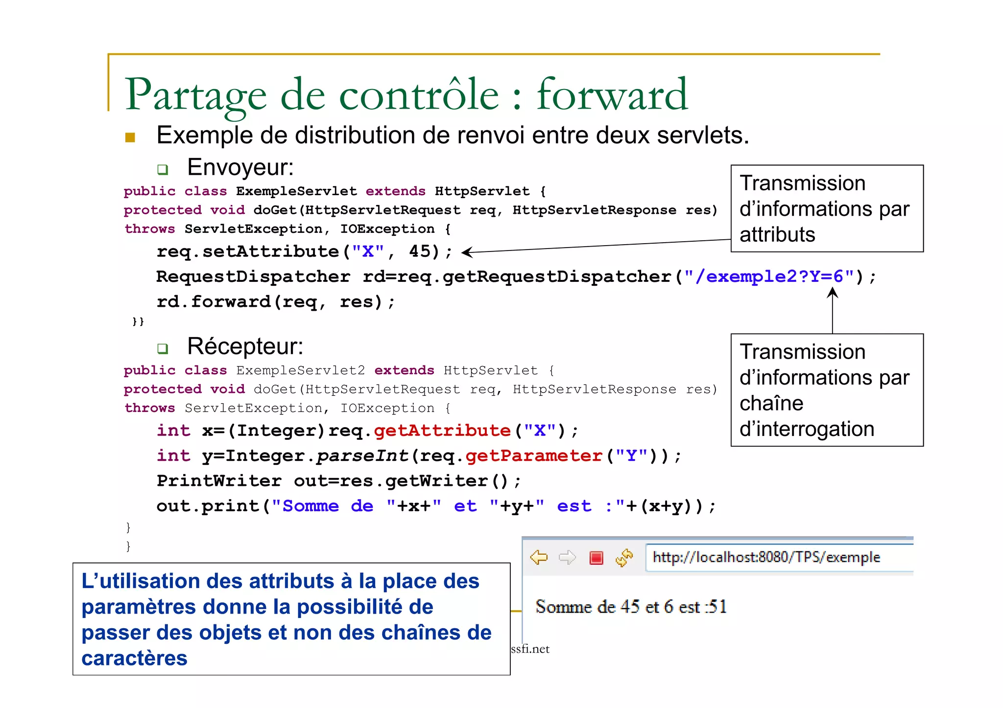 Partage de contrôle : forward
Exemple de distribution de renvoi entre deux servlets.
Envoyeur:
public class ExempleServlet extends HttpServlet {
protected void doGet(HttpServletRequest req, HttpServletResponse res)
throws ServletException, IOException {
req.setAttribute("X", 45);
RequestDispatcher rd=req.getRequestDispatcher("/exemple2?Y=6");
rd.forward(req, res);
}}
Récepteur:
Transmission
d’informations par
attributs
Transmission
med@youssfi.net
Récepteur:
public class ExempleServlet2 extends HttpServlet {
protected void doGet(HttpServletRequest req, HttpServletResponse res)
throws ServletException, IOException {
int x=(Integer)req.getAttribute("X");
int y=Integer.parseInt(req.getParameter("Y"));
PrintWriter out=res.getWriter();
out.print("Somme de "+x+" et "+y+" est :"+(x+y));
}
}
Transmission
d’informations par
chaîne
d’interrogation
L’utilisation des attributs à la place des
paramètres donne la possibilité de
passer des objets et non des chaînes de
caractères
 