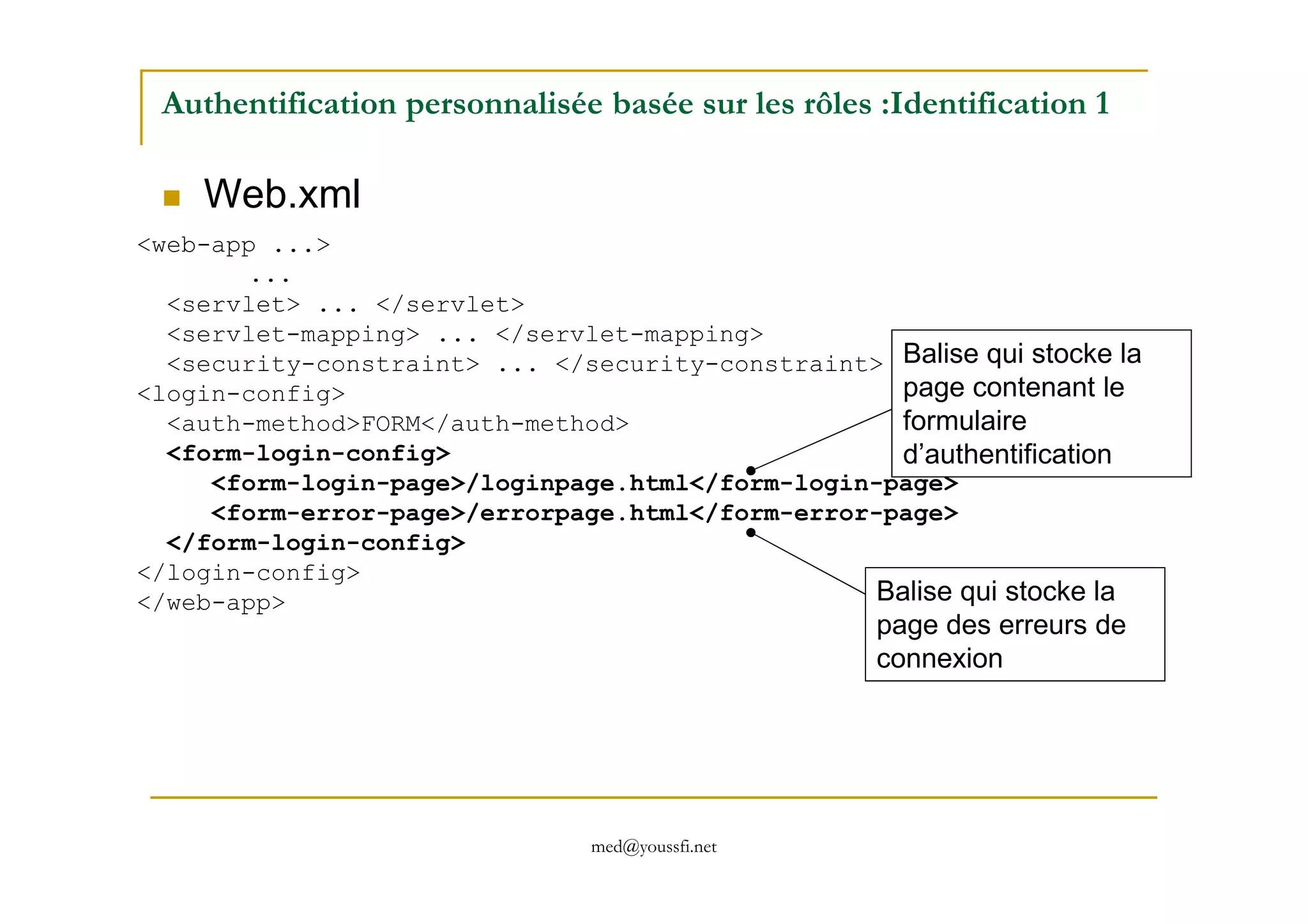 Authentification personnalisée basée sur les rôles :Identification 1
Web.xml
<web-app ...>
...
<servlet> ... </servlet>
<servlet-mapping> ... </servlet-mapping>
<security-constraint> ... </security-constraint>
<login-config>
<auth-method>FORM</auth-method>
<form-login-config>
Balise qui stocke la
page contenant le
formulaire
d’authentification
med@youssfi.net
<form-login-config>
<form-login-page>/loginpage.html</form-login-page>
<form-error-page>/errorpage.html</form-error-page>
</form-login-config>
</login-config>
</web-app>
d’authentification
Balise qui stocke la
page des erreurs de
connexion
 