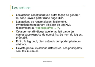 Les actions
Les actions constituent une autre façon de générer
du code Java à partir d'une page JSP.
Les actions se reconnaissent facilement,
syntaxiquement parlant : il s'agit de tag XML
ressemblant à <jsp:tagName ... />.
Cela permet d'indiquer que le tag fait partie du
namespace (espace de noms) jsp. Le nom du tag est
med@youssfi.net
namespace (espace de noms) jsp. Le nom du tag est
préétabli.
Enfin, le tag peut, bien entendu comporter plusieurs
attributs.
Il existe plusieurs actions différentes. Les principales
sont les suivantes
 
