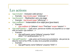 Les actions
<jsp:include> : Inclusion coté serveur
Exemple : <jsp:include page= "entete.jsp" />
<jsp:forward> : Redirection vers une page
Exemple : <jsp:forward page="affiche.jsp" />
<jsp:useBean> : Instanciation d’un objet java (java bean)
Exemple :
<jsp:useBean id="jbName" class="TheClass" scope="session" />
<jsp:setProperty> :
med@youssfi.net
<jsp:setProperty> : Cette action, permet de modifier une propriété sur un objet
créé via l'action <jsp:useBean ...>
Exemple :
<jsp:setProperty name="jbName" property="XXX"
value="<%= javaExpression %>" />
<jsp:getProperty> : cette action est l'inverse de la précédente : elle permet de
retourner dans le flux HTML, la valeur de la propriété considérée.
Exemple :
<jsp:getProperty name="jbName" property="XXX" />
 
