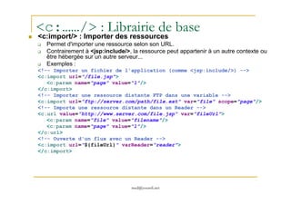 <c:……/> : Librairie de base
<c:import/> : Importer des ressources
Permet d'importer une ressource selon son URL.
Contrairement à <jsp:include/>, la ressource peut appartenir à un autre contexte ou
être hébergée sur un autre serveur...
Exemples :
<!-- Importer un fichier de l'application (comme <jsp:include/>) -->
<c:import url="/file.jsp">
<c:param name="page" value="1"/>
</c:import>
<!-- Importer une ressource distante FTP dans une variable -->
<c:import url="ftp://server.com/path/file.ext" var="file" scope="page"/>
med@youssfi.net
<c:import url="ftp://server.com/path/file.ext" var="file" scope="page"/>
<!-- Importe une ressource distante dans un Reader -->
<c:url value="http://www.server.com/file.jsp" var="fileUrl">
<c:param name="file" value="filename"/>
<c:param name="page" value="1"/>
</c:url>
<!-- Ouverte d'un flux avec un Reader -->
<c:import url="${fileUrl}" varReader="reader">
</c:import>
 