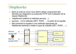 HttpServlet
Dans la suite du cours nous allons utiliser uniquement des
Servlets qui réagissent au protocole HTTP d'où l'utilisation de la
classe HttpServlet
HttpServlet redéfinit la méthode service(…)
service(…) lit la méthode (GET, POST, …) à partir de la requête
Elle transmet la requête à une méthode appropriée de
HttpServlet destinée à traiter le type de requête (GET, POST, …)
med@youssfi.net
 