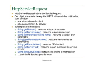 HttpServletRequest
HttpServletRequest hérite de ServletRequest
Cet objet encapsule la requête HTTP et fournit des méthodes
pour accéder
aux informations du client
à l'environnement du serveur
Exemples de méthodes
String getMethod() : retourne le type de requête
String getServerName() : retourne le nom du serveur
med@youssfi.net
String getServerName() : retourne le nom du serveur
String getParameter(String name) : retourne la valeur d'un
paramètre
String[] getParameterNames() : retourne le nom des les
paramètres
String getRemoteHost() : retourne l'IP du client
String getServerPort() : retourne le port sur lequel le serveur
écoute
String getQueryString() : retourne la chaîne d’interrogation
… (voir l'API Servlets pour le reste)
 