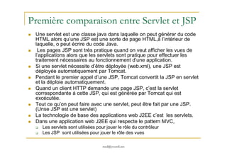 Première comparaison entre Servlet et JSP
Une servlet est une classe java dans laquelle on peut générer du code
HTML alors qu’une JSP est une sorte de page HTML,à l’intérieur de
laquelle, o peut écrire du code Java.
Les pages JSP sont très pratique quand on veut afficher les vues de
l’applications alors que les servlets sont pratique pour effectuer les
traitement nécessaires au fonctionnement d’une application.
Si une servlet nécessite d’être déployée (web.xml), une JSP est
déployée automatiquement par Tomcat.
Pendant le premier appel d’une JSP, Tomcat convertit la JSP en servlet
et la déploie automatiquement.
med@youssfi.net
et la déploie automatiquement.
Quand un client HTTP demande une page JSP, c’est la servlet
correspondante à cette JSP, qui est générée par Tomcat qui est
excécutée.
Tout ce qu’on peut faire avec une servlet, peut être fait par une JSP.
(Unse JSP est une servlet)
La technologie de base des applications web J2EE c’est les servlets.
Dans une application web J2EE qui respecte le pattern MVC,
Les servlets sont utilisées pour jouer le rôle du contrôleur
Les JSP sont utilisées pour jouer le rôle des vues
 