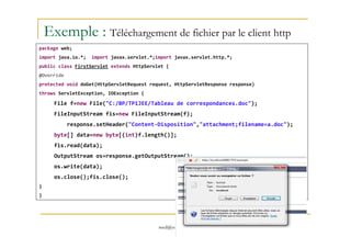 Exemple : Téléchargement de fichier par le client http
package web;
import java.io.*; import javax.servlet.*;import javax.servlet.http.*;
public class FirstServlet extends HttpServlet {
@Override
protected void doGet(HttpServletRequest request, HttpServletResponse response)
throws ServletException, IOException {
File f=new File("C:/BP/TP1JEE/Tableau de correspondances.doc");
FileInputStream fis=new FileInputStream(f);
response.setHeader("Content-Disposition","attachment;filename=a.doc");
med@youssfi.net
response.setHeader("Content-Disposition","attachment;filename=a.doc");
byte[] data=new byte[(int)f.length()];
fis.read(data);
OutputStream os=response.getOutputStream();
os.write(data);
os.close();fis.close();
}
}
 