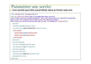 Paramétrer une servlet
Une servlet peut être paramétrée dans le fichier web.xml.
<?xml version="1.0" encoding="UTF-8"?>
<web-app xmlns:xsi="http://www.w3.org/2001/XMLSchema-instance"
xmlns="http://java.sun.com/xml/ns/javaee" xmlns:web="http://java.sun.com/xml/ns/javaee/web-
app_2_5.xsd" xsi:schemaLocation="http://java.sun.com/xml/ns/javaee
http://java.sun.com/xml/ns/javaee/web-app_2_5.xsd" id="WebApp_ID" version="2.5">
<servlet>
<servlet-name>cs</servlet-name>
<servlet-class>web.FirstServlet</servlet-class>
<init-param>
med@youssfi.net
<param-name>echelle</param-name>
<param-value>20</param-value>
</init-param>
</servlet>
<servlet-mapping>
<servlet-name>cs</servlet-name>
<url-pattern>*.do</url-pattern>
</servlet-mapping>
<welcome-file-list>
<welcome-file>index.do</welcome-file>
</welcome-file-list>
</web-app>
 