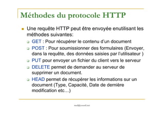 Méthodes du protocole HTTP
Une requête HTTP peut être envoyée enutilisant les
méthodes suivantes:
GET : Pour récupérer le contenu d’un document
POST : Pour soumissionner des formulaires (Envoyer,
dans la requête, des données saisies par l’utilisateur )
med@youssfi.net
PUT pour envoyer un fichier du client vers le serveur
DELETE permet de demander au serveur de
supprimer un document.
HEAD permet de récupérer les informations sur un
document (Type, Capacité, Date de dernière
modification etc…)
 