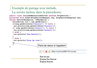 Exemple de partage avec include.
La servlet incluse dans la précédente:
public class IncludedRessourceServlet extends HttpServlet {
protected void doGet(HttpServletRequest req, HttpServletResponse res)
throws ServletException, IOException {
PrintWriter out = res.getWriter();
if(req.getAttribute("bonjour") != null) {
out.println(req.getAttribute("bonjour"));
if (req.getAttribute("bonsoir") != null) {
out.println(req.getAttribute("bonsoir"));
} else {
out.println("Pas Bonsoir");
med@youssfi.net
out.println("Pas Bonsoir");
}
} else {
out.println("Rien de rien");
}
}
} Point de retour à l’appelant
 
