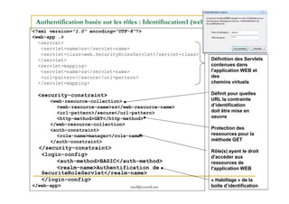 Authentification basée sur les rôles : Identifiucation1 (web.xml)
<?xml version="1.0" encoding="UTF-8"?>
<web-app …>
<servlet>
<servlet-name>ss</servlet-name>
<servlet-class>web.SecurityRolesServlet</servlet-class>
</servlet>
<servlet-mapping>
<servlet-name>ss</servlet-name>
<url-pattern>/secure</url-pattern>
</servlet-mapping>
<security-constraint>
<web-resource-collection>
Définition des Servlets
contenues dans
l'application WEB et
des
chemins virtuels
Définit pour quelles
URL la contrainte
med@youssfi.net
<web-resource-collection>
<web-resource-name>ss</web-resource-name>
<url-pattern>/secure</url-pattern>
<http-method>GET</http-method>
</web-resource-collection>
<auth-constraint>
<role-name>manager</role-name>
</auth-constraint>
</security-constraint>
<login-config>
<auth-method>BASIC</auth-method>
<realm-name>Authentification de
SecuriteRoleServlet</realm-name>
</login-config>
</web-app>
d’identification
doit être mise en
oeuvre
Protection des
ressources pour la
méthode GET
Rôle(s) ayant le droit
d'accéder aux
ressources de
l'application WEB
« Habillage » de la
boîte d’identification
 