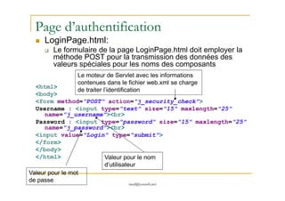 Page d’authentification
LoginPage.html:
Le formulaire de la page LoginPage.html doit employer la
méthode POST pour la transmission des données des
valeurs spéciales pour les noms des composants
<html>
<body>
<form method="POST" action="j_security_check">
Le moteur de Servlet avec les informations
contenues dans le fichier web.xml se charge
de traiter l’identification
med@youssfi.net
<form method="POST" action="j_security_check">
Username : <input type="text" size="15" maxlength="25"
name="j_username"><br>
Password : <input type="password" size="15" maxlength="25"
name="j_password"><br>
<input value="Login" type="submit">
</form>
</body>
</html> Valeur pour le nom
d’utilisateur
Valeur pour le mot
de passe
 