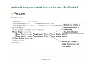 Authentification personnalisée basée sur les rôles :Identification 1
Web.xml
<web-app ...>
...
<servlet> ... </servlet>
<servlet-mapping> ... </servlet-mapping>
<security-constraint> ... </security-constraint>
<login-config>
<auth-method>FORM</auth-method>
<form-login-config>
Balise qui stocke la
page contenant le
formulaire
d’authentification
med@youssfi.net
<form-login-config>
<form-login-page>/loginpage.html</form-login-page>
<form-error-page>/errorpage.html</form-error-page>
</form-login-config>
</login-config>
</web-app>
d’authentification
Balise qui stocke la
page des erreurs de
connexion
 