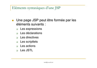 Eléments syntaxiques d’une JSP
Une page JSP peut être formée par les
éléments suivants :
Les expressions
Les déclarations
med@youssfi.net
Les déclarations
Les directives
Les scriptlets
Les actions
Les JSTL
 