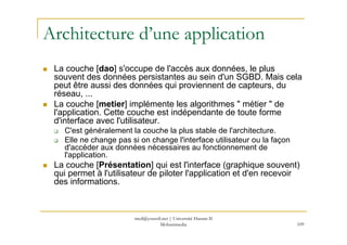 med@youssfi.net | Université Hassan II
Mohammedia 109
Architecture d’une application
La couche [dao] s'occupe de l'accès a...