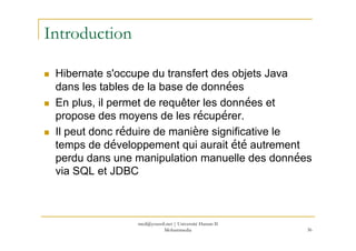 med@youssfi.net | Université Hassan II
Mohammedia 36
Introduction
Hibernate s'occupe du transfert des objets Java
dans les...