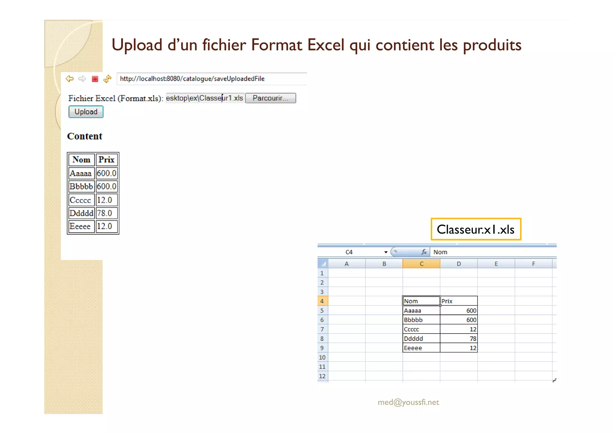 UploadUpload d’un fichier Format Excel qui contient les produitsd’un fichier Format Excel qui contient les produits
med@youssfi.net
Classeur.x1.xls
 