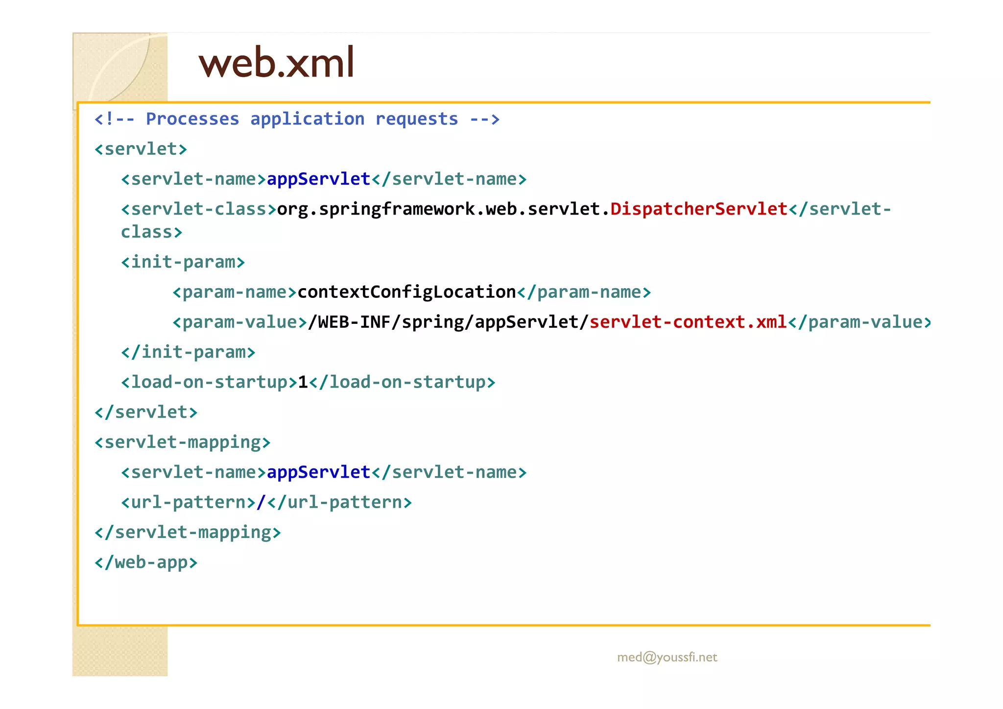 web.xmlweb.xml
<!-- Processes application requests -->
<servlet>
<servlet-name>appServlet</servlet-name>
<servlet-class>org.springframework.web.servlet.DispatcherServlet</servlet-
class>
<init-param>
<param-name>contextConfigLocation</param-name>
<param-value>/WEB-INF/spring/appServlet/servlet-context.xml</param-value>
</init-param></init-param>
<load-on-startup>1</load-on-startup>
</servlet>
<servlet-mapping>
<servlet-name>appServlet</servlet-name>
<url-pattern>/</url-pattern>
</servlet-mapping>
</web-app>
med@youssfi.net
 