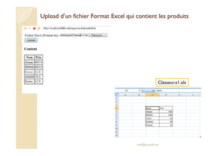 UploadUpload d’un fichier Format Excel qui contient les produitsd’un fichier Format Excel qui contient les produits
med@youssfi.net
Classeur.x1.xls
 