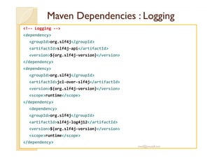 MavenMaven DependenciesDependencies :: LoggingLogging
<!-- Logging -->
<dependency>
<groupId>org.slf4j</groupId>
<artifactId>slf4j-api</artifactId>
<version>${org.slf4j-version}</version>
</dependency>
<dependency>
<groupId>org.slf4j</groupId>
<artifactId>jcl-over-slf4j</artifactId>
<version>${org.slf4j-version}</version>
<scope>runtime</scope>
</dependency>
<dependency>
<groupId>org.slf4j</groupId>
<artifactId>slf4j-log4j12</artifactId>
<version>${org.slf4j-version}</version>
<scope>runtime</scope>
</dependency>
med@youssfi.net
 