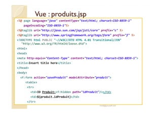 Vue : produits.jspVue : produits.jsp
<%@ page language="java" contentType="text/html; charset=ISO-8859-1"
pageEncoding="ISO-8859-1"%>
<%@taglib uri="http://java.sun.com/jsp/jstl/core" prefix="c" %>
<%@taglib uri="http://www.springframework.org/tags/form" prefix="f" %>
<!DOCTYPE html PUBLIC "-//W3C//DTD HTML 4.01 Transitional//EN"
"http://www.w3.org/TR/html4/loose.dtd">
<html>
<head>
<meta http-equiv="Content-Type" content="text/html; charset=ISO-8859-1"><meta http-equiv="Content-Type" content="text/html; charset=ISO-8859-1">
<title>Insert title here</title>
</head>
<body>
<f:form action="saveProduit" modelAttribute="produit">
<table>
<tr>
<td>ID Produit:<f:hidden path="idProduit"/></td>
<td>${produit.idProduit}</td>
</tr>
med@youssfi.net
 