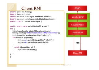Client RMIClient RMI
import java.rmi.Naming;
import java.util.List;
import ma.enset.catalogue.entities.Produit;
import ma.enset.catalogue.rmi.ICatalogueRemote;
public class ClientRMICatalogue {
public static void main(String[] args) {
try {
ICatalogueRemote stub=(ICatalogueRemote)
Naming.lookup("rmi://localhost:1099/catService");
List<Produit> prods=stub.listProduits();
SGBD
Couche DAO
Couche Métier
Service RMI
List<Produit> prods=stub.listProduits();
for(Produit p:prods){
System.out.println(p.getNomProduit());
System.out.println(p.getPrix());
}
} catch (Exception e) {
e.printStackTrace();
}
}
}
med@youssfi.net
Client RMI
RMI
 