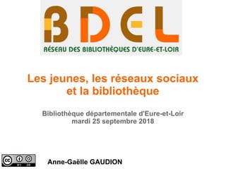 Les jeunes, les réseaux sociaux
et la bibliothèque
Bibliothèque départementale d'Eure-et-Loir
mardi 25 septembre 2018
Anne-Gaëlle GAUDION
 