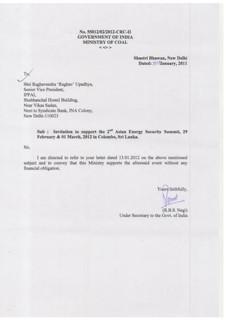 Support letter from ministry of coal   go i (31 jan 2012)