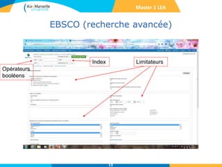 EBSCO (recherche avancée)
13
Opérateurs
booléens
Index Limitateurs
Master 1 LEA
 