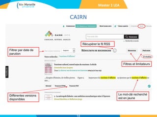 CAIRN
14
Le mot-clé recherché
est en jaune
Différentes versions
disponibles
Filtrer par date de
parution
Récupérer le fil RSS
Master 1 LEA
Filtres et limitateurs
 