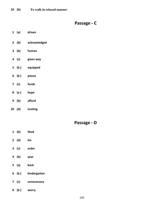 10 (b)

To walk in relaxed manner

Passage - C
1 (a)

driven

2 (b)

acknowledged

3 (b)

human

4 (c)

given way

5 (b )

equipped

6 (b )

pieces

7 (c)

funds

8 (a )

hope

9 (b)

afford

10 (d)

inviting

Passage - D
1 (b)

liked

2 (d)

his

3 (c)

order

4 (b)

year

5 (a)

back

6 (b )

kindergarten

7 (c)

unnecessary

8 (b )

worry
105

 