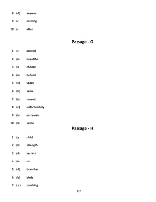 8 (d )

answer

9 (c)

exciting

10 (c)

after

Passage - G
1 (c)

arrived

2 (b)

beautiful

3 (a)

choose

4 (b)

behind

5 (c )

space

6 (b )

same

7 (b)

moved

8 (c )

unfortunately

9 (b)

extremely

10 (b)

sense

Passage - H
1 (a)

child

2 (b)

strength

3 (d)

secrets

4 (b)

sit

5 (d )

branches

6 (b )

birds

7 (c)

touching
107

 