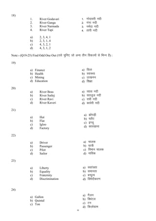 18)
1.
2.
3.
4.
a)
b)
c)
d)

1234-

River Godavari
River Ganga
River Narmada
River Tapi

xksnkojh unh
xaxk unh
ueZnk unh
rkih unh

2, 3, 4, 1
2, 3, 1, 4
4, 3, 2, 1
4, 3, 1, 2

Note:- (Q19-25) Find Odd One Out (mls pqfu, tks vU; rhu fodYiksa ls fHkUu gS) :
19)
a)
b)
c)
d)

a)
b)
c)
d)

20)
a)
b)
c)
d)

River Beas
River Sutlej
River Ravi
River Kaveri

a)
b)
c)
d)

Hut
Flat
Igloo
Factory

a)
b)
c)
d)

a)
b)
c)
d)

foRr
LokLF;
mR[kuu
f”k{kk

a)
b)
c)
d)

Finance
Health
Mining
Education

O;kl unh
lryqt unh
jkoh unh
dkosjh unh

21)
a)
b)
c)
d)

>ksiM+h
¶ySV
bXyw
dkj[kkuk

Driver
Passenger
Pilot
Sailor

a)
b)
c)
d)

pkyd
;k=h
foeku pkyd
ukfod

Liberty
Equality
Fraternity
Discrimination

a)
b)
c)
d)

Lora=rk
lekurk
cU/kqRo
foHksnhdj.k

a)
b)
c)
d)

xSyu
fDoaVy
Vu
fdyksxzke

22)

23)

24)
a) Gallon
b) Quintal
c) Ton
6

 