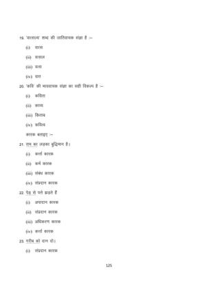 19- ^okRlY;* “kCn dh tkfrokpd laKk gS %&
(i)

okRl

(ii) oRly
(iii) oRl
(iv) okr

20- ^dfo* dh Hkkookpd laKk dk lgh fodYi gS %&
(i)

dfork

(ii) dkO;
(iii) fdrkc
(iv) dfoRo

dkjd crkb, %&
21- jke dk yM+dk cqf)eku gSA
(i)

dÙkkZ dkjd

(ii) deZ dkjd
(iii) laca/k dkjd
(iv) laiznku dkjd

22- isM+ ls iÙks >M+rs gSa
(i)

viknku dkjd

(ii) laiznku dkjd
(iii) vf/kdj.k dkjd
(iv) dÙkkZ dkjd

23- xjhc dks nku nksA
(i)

laiznku dkjd
125

 