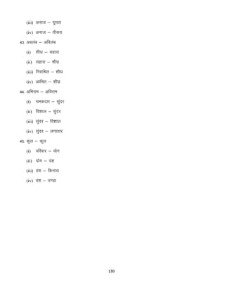 (iii) vukt & nwljk
(iv) vukt & rhljk

43- voyac & vfoyac
(i)

“kh?kz & lgkjk

(ii) lgkjk & “kh?kz
(iii) fujkfJr & “kh?kz
(iv) vkfJr & “kh?kz

44- vfHkjke & vfojke
(i)

pednkj & lqanj

(ii) fo”kky & lqanj
(iii) lqanj & fo”kky
(iv) lqanj & yxkrkj

45- dqy & dwy
(i)

ifjokj & ;ksx

(ii) ;ksx & oa”k
(iii) oa”k & fdukjk
(iv) oa”k & B.Mk

130

 