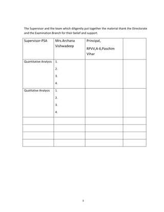The Supervisor and the team which diligently put together the material thank the Directorate
and the Examination Branch for their belief and support.

Supervisor-PSA

Quantitative Analysis

Mrs.Archana
Vishwadeep

Principal,
RPVV,A-6,Paschim
Vihar

1.
2.
3.
4.

Qualitative Analysis

1.
2.
3.
4.

ii

 