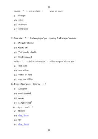 39

tkbye % 
(i)

% % ty dk laogu

%

Hkkstu dk laogu

iSjUdkbek
s

(ii) ¶yks,e
(iii) dksysUdkbek
(iv) LdsysjsUdkbek

23. Stomata : ? : : Exchanging of gas : opening & closing of stomata
(i)

Protective tissue

(ii) Guard cell
(iii) Thick walls of cells
(iv) Epidermis cell

LVkseVk % 
s
(i)

% % xSlksa dk vknku&iznku

% LVkseVk dk [kqyuk vkSj cUn gksuk
s

laj{kh Ård

(ii) j{kd dksf‛kdk
(iii) dksf‛kdk dh fHkfRr
(iv) ckg~; Ropk dksf‛kdk
24. Force : Newton : :
(i)

Energy

: ?

Kilogram

(ii) meter/second
(iii) Joules
(iv) Meter/second

cy % U;wVu % % ÅtkZ %
(i)

2



fdyksxzke

(ii) ehVj@lsds.M
(iii) twy
(iv) ehVj@lsds.M

2

39

 