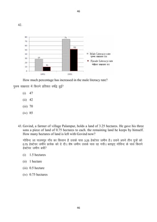 46

42.

How much percentage has increased in the male literacy rate?

iq:’k lk{kjrk esa fdrus izfr‛kr o‘f) gqb
Z
(i)

47

(ii) 42
(iii) 70
(iv) 85

43. Govind, a farmer of village Palampur, holds a land of 3.25 hectares. He gave his three

sons a piece of land of 0.75 hectares to each. the remaining land he keeps by himself.
How many hectares of land is left with Govind now?

xksfoUn tk ikyeiqj xk¡o dk fdlku gS mlds ikl 3-25 gsDVs;j tehu gSA mlus vius rhu iq=ksa dks
0-75 gsDVs;j tehu izR;sd dks ns nhA ‚ks’k tehu mlds ikl jg x;hA crkb, xksfoUn ds ikl fdrus
gsDVs;j tehu cph
(i)

1.5 hectares

(ii) 1 hectare
(iii) 0.5 hectare
(iv) 0.75 hectares

46

 