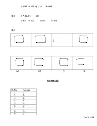 Page 12 of 280
a) 1/32 b) 1/9 c) 1/16 d) 1/18
Q.8: 2, 7, 22, 67, ___, 607
a) 202 b) 203 c) 204 d) 205
Q.9.
?
(a) (b) (c) (d)
Answer Key:
Q. No Answer
1. C
2. B
3. B
4. B
5. A
6. C
7. C
8. A
9. C
 