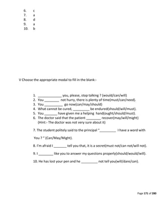 Page 171 of 280
6. c
7. a
8. d
9. a
10. b
V Choose the appropriate modal to fill in the blank:-
1. _____________ you, please, stop talking ? (would/can/will)
2. You ________ not hurry, there is plenty of time(must/can/need).
3. You __________ go now(can/may/should)
4. What cannot be cured, _________ be endured(should/will/must).
5. You _______ have given me a helping hand(ought/should/must).
6. The doctor said that the patient ________ recover(may/will/might)
(Hint:- The doctor was not very sure about it)
7. The student politely said to the principal “_________ I have a word with
You ? “ (Can/May/Might).
8. I’m afraid I _______ tell you that, it is a secret(must not/can not/will not).
9. I ________ like you to answer my questions properly(should/would/will).
10. He has lost your pen and he _________ not tell you(will/dare/can).
 