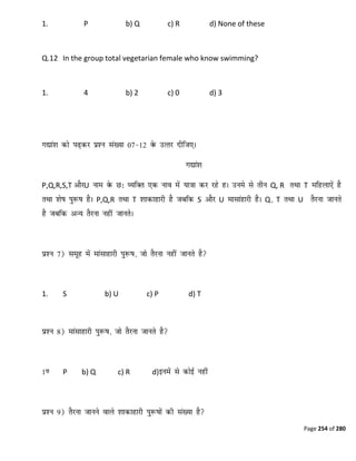 Page 254 of 280
1. P b) Q c) R d) None of these
Q.12 In the group total vegetarian female who know swimming?
1. 4 b) 2 c) 0 d) 3
P,Q,R,S,T U Q, R T
P,Q,R T S U Q T U
1. S b) U c) P d) T
P b) Q c) R d)
 