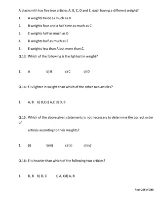 Page 256 of 280
A blacksmith has five iron articles A, B, C, D and E, each having a different weight?
1. A weights twice as much as B
2. B weights four and a half time as much as C
3. C weights half as much as D
4. D weights half as much as E
5. E weights less than A but more than C.
Q.13: Which of the following is the lightest in weight?
1. A b) B c) C d) D
Q.14: E is lighter in weight than which of the other two articles?
1. A, B b) D,Cc) A,C d) D, B
Q.15: Which of the above given statements is not necessary to determine the correct order
of
articles according to their weights?
1. (i) b(iii) c) (ii) d) (v)
Q.16: E is heavier than which of the following two articles?
1. D, B b) D, C c) A, Cd) A, B
 