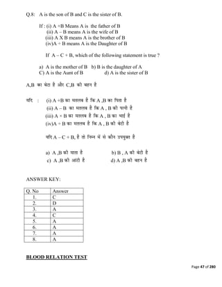 Page 47 of 280
Q.8: A is the son of B and C is the sister of B.
If : (i) A +B Means A is the father of B
(ii) A – B means A is the wife of B
(iii) A X B means A is the brother of B
(iv)A ÷ B means A is the Daughter of B
If A – C + B, which of the following statement is true ?
a) A is the mother of B b) B is the daughter of A
C) A is the Aunt of B d) A is the sister of B
A,B C,B
: (i) A +B A ,B
(ii) A – B A , B
(iii) A × B A , B
(iv)A ÷ B A , B
A – C + B,
a) A ,B b) B , A
c) A ,B d) A ,B
ANSWER KEY:
Q. No Answer
1. C
2. D
3. A
4. C
5. A
6. A
7. A
8. A
BLOOD RELATION TEST
 