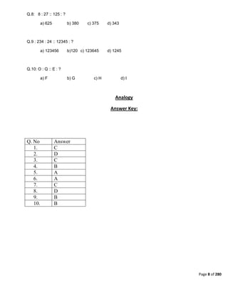 Page 8 of 280
Q.8: 8 : 27 :: 125 : ?
a) 625 b) 380 c) 375 d) 343
Q.9 : 234 : 24 :: 12345 : ?
a) 123456 b)120 c) 123645 d) 1245
Q.10: O : Q :: E : ?
a) F b) G c) H d) I
Analogy
Answer Key:
Q. No Answer
1. C
2. D
3. C
4. B
5. A
6. A
7. C
8. D
9. B
10. B
 