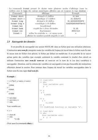 2.5 Sauvegarde des données

     Il est possible de sauvegarder une session MATLAB dans un fichier pour une utilisation ultérieure.
L'instruction save nom-fic enregistre toutes les variables de l'espace de travail dans le fichier nom-fic.mat.
Si aucun nom de fichier n'est précisé, le fichier par défaut est matlab.mat. Il est possible de ne sauver
qu'une partie des variables (par exemple seulement la variable contenant le résultat d'un calcul) en
utilisant l'instruction save nom-fic nom-var où nom-var est le nom de la (ou des) variable(s) à
sauvegarder. Attention, seul le contenu des variables est sauvegardé et non pas l'ensemble des instructions
effectuées durant la session. Pour ramener dans l'espace de travail les variables sauvegardées dans le
fichier nom-fic.mat, taper load nom-fic.

Exemple :
                                           >> load toto
>> x=2*pi/3, y=sin(x), z=cos(x)
                                           >> who
x=
                                              Your variables are:
  2.0944
                                              y z
y=
  0.8660                                   >> y
z=                                          y =
 -0.5000                                          0.8660
>> save data                               >> z
>> save toto y z                             z =
>> who                                          -0.5000
                                           >> x
Your variables are:                        ??? Undefined function or variable 'x'.
x y z                                      >> load data
                                           >> who
>> clear all                                  Your variables are:
>> who                                         x y z
>>        % vide                           >>

(Voir aussi la commande diary )




                                                     16
 