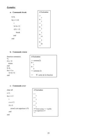 Exemples:

      a- Commande break                             A l'exécution:

                                                    i=
        S=0;                                           1
        for i=1:10                                  S=
                                                       1
            i                                       i=
                                                       2
            S=S+i^2                                 S=
            if S > 15                                  5
                                                    i=
                  break                                3
                                                    S=
            end                                       14
        end                                         i=
                                                       4
                                                    S=
                                                      30
                                                    >>


      b- Commande return

function somme(n)                     A l'exécution:
%
if n < 0                              >> somme(2)
   return                             S=
                                         1
end
                                      S=
S=0;                                     5
for i=1:n                             >> somme(-2)
    S=S+i^2
end                                   >>            sortie de la fonction




      c- Commande error

clear all                                  A l'exécution:
s=2;                                       i=
for i=1:5                                       1
                                           s=
  i                                             3
                                           i=
  s=s+i^2
                                                2
  if s>5                                   s=
                                              7
       error('s est superieur à 5')        ??? Error using ==> myfile
                                           s est superieur à 5
  end
                                           >>
end




                                                                 25
 