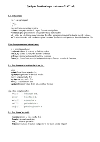Quelques fonctions importantes sous MATLAB


Les constantes :

   Pi : 3.141592653897
   i : −1
   j : −1
   eps : précision numérique relative
   realmin :plus petit nombre à virgule flottante manipulable
   realmax : :plus grand nombre à virgule flottante manipulable
   inf : infini qui est obtenu quand on essaie d’évaluer une expression dont le résultat excède realmax
   NaN : not-a-number qui est obtenu quand on essaie d’effectuer une opération non défini comme 0/0


Fonctions portant sur les scalaires :

   m et n sont des entiers :
   rem(m,n) : donne le reste de la division entière
   lcm(m,m) :donne le plus petit multiple commun
   gcd(m,n) : donne le plus grand multiple commun
   factor(n) : donne les termes de la décomposions en facteurs premier de l’entier n


Les fonctions mathématique incorporées :

   x real :
   log(x) : logarithme népérien de x
   log10(x) : logarithme en base de 10 de x
   exp(x) :exponentielle de x
   sqrt(x) : racine carrées de x
   abs(x) : valeur absolue de x
   sign(x) : fonction valant 1 si x est positif ou 0 si non


si z est un complexe alors :




Les fonctions d’arrondis

    round(x) :entier le plus proche de x
    floor(x) : arrondi par défaut
    ceil(x) : arrondis par excès
    fix(x) : arrondi par défaut un réel positif et par excès un réel négatif
 
