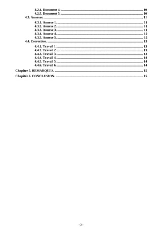 - 2 -
4.2.4. Document 4. .................................................................................................... 10
4.2.5. Document 5. .................................................................................................... 10
4.3. Annexes. ......................................................................................................................... 11
4.3.1. Annexe 1. ......................................................................................................... 11
4.3.2. Annexe 2. ......................................................................................................... 11
4.3.3. Annexe 3. ......................................................................................................... 11
4.3.4. Annexe 4. ......................................................................................................... 12
4.3.5. Annexe 5. ......................................................................................................... 12
4.4. Correction. ..................................................................................................................... 13
4.4.1. Travail 1. ......................................................................................................... 13
4.4.2. Travail 2. ......................................................................................................... 13
4.4.3. Travail 3. ......................................................................................................... 13
4.4.4. Travail 4. ......................................................................................................... 14
4.4.5. Travail 5. ......................................................................................................... 14
4.4.6. Travail 6. ......................................................................................................... 14
Chapitre 5. REMARQUES. ............................................................................................................ 15
Chapitre 6. CONCLUSION. ........................................................................................................... 15
 