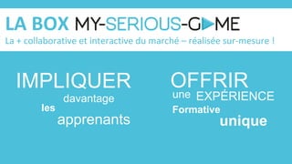 LA BOX
La + collaborative et interactive du marché – réalisée sur-mesure !
IMPLIQUER
apprenants
davantage
les
OFFRIR
EXPÉRIENCEune
Formative
unique
 