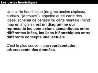 Les cartes heuristiques
Une carte heuristique (du grec ancien ευρισκω,
eurisko, "je trouve"), appelée aussi carte des
idées, schéma de pensée ou carte mentale (mind
map en anglais), est un diagramme qui
représente les connexions sémantiques entre
différentes idées, les liens hiérarchiques entre
différents concepts intellectuels.
C'est le plus souvent une représentation
arborescente des données.
 