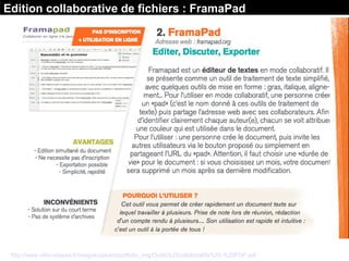 Source : Les Outils collaboratifs / Ethic Etapes
http://www.ethic-etapes.fr/images/upload/portfolio_img/Outils%20collaboratifs%20-%20PDF.pdf
Edition collaborative de fichiers : FramaPad
 
